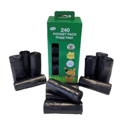 Image of TidyZ 240 DOGGY BAGS WITH TIE HANDLES, POCKET PACK, FRAGRANCED, BLACK (12 rolls of 20 Bags)