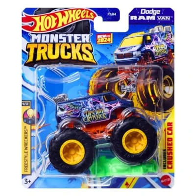 Image of Mattel Hot Wheels Monster Trucks Collectible Toy 1:64 Scale Diecast Model Vehicle Freestyle Wreckers 9/12 Dodge Ram Van Dream Crusher HTM63