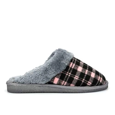 Image of Sleepers Womens Mia Tartan Mule Slippers with Faux Fur Lining and Insole Black/Pink/Grey 8 UK