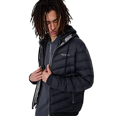 Image of Armani Exchange Men&#039;s Hooded Quilted Down Milano/New York Logo Zip up Jacket, Navy Blue/Grey Marl, XS