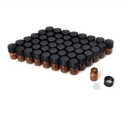 Image of Enslz Mini Essential Oil Bottles Empty Sample Bottle 1ml(1/4 dram) 2ml (5/8 Amber Glass With Orifice Reducer and cap, 2 Free Transfer Eye droppers(50 Pcs) (1ml)