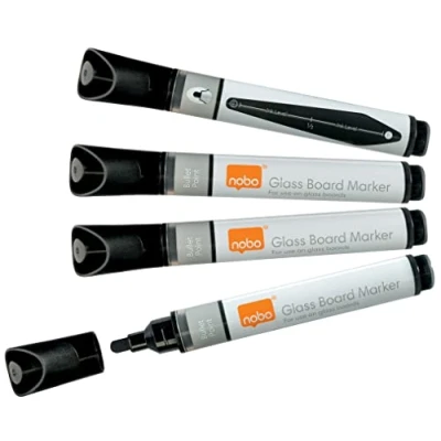 Image of Nobo Liquid Ink Glass Whiteboard Pens, 3mm Bullet Tip, 4 Pack, Dry Erase Markers, Black, 1905322