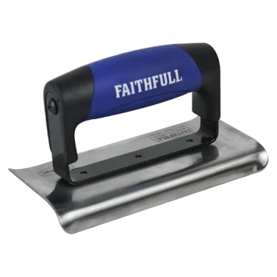 Image of Faithfull FAIPTEDG6SS Prestige Stainless Steel 6 Inch Concrete Edging Trowel 150 x 75mm (6 3in), Silver / Black Blue