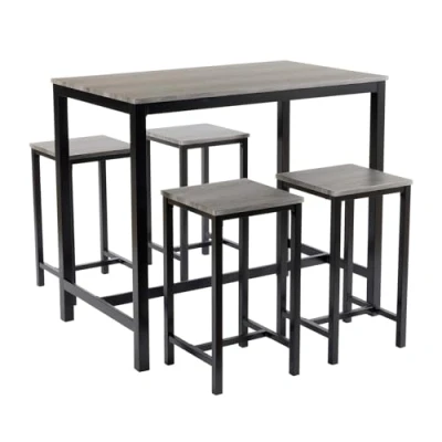 Image of Home Source Kitchen Dining Breakfast Bar Set, Wooden Table Top, Black Metal Frame, Grey, 4 Barstools