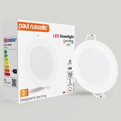Image of paul russells LED Ceiling Downlights, 8W Slim Recessed Bathroom Kitchen Ceilings, 750 Lumens, 4000K Cool/Natural White, Cutout 95 105mm, Round Non Dimmable Panel Spotlights, 1 Pack