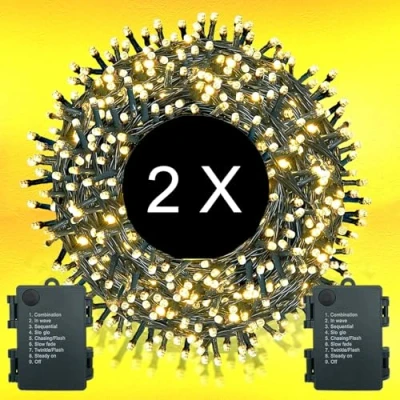 Image of 2 Pack Battery Fairy Lights, Total 33FT 100LED Outdoor Lights Operated with Timer, 9 Modes, Waterproof for Bedroom, Christmas Tree, Garden, Camping, Warm White