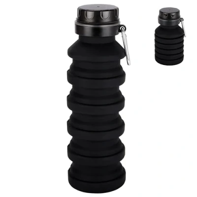 Image of BELLE VOUS Black Collapsible Silicone Water Bottle 500ml/17oz Foldable BPA Free &amp; Leakproof Reusable Portable Cup Suitable for Camping, Hiking, Gym, Sports, Travel Outdoor Activities