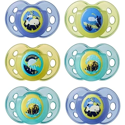 Image of Tommee Tippee Night Time Glow in the Dark Soothers, Symmetrical Orthodontic Design, BPA Free Silicone, 18 36m, Pack of 6 Dummies