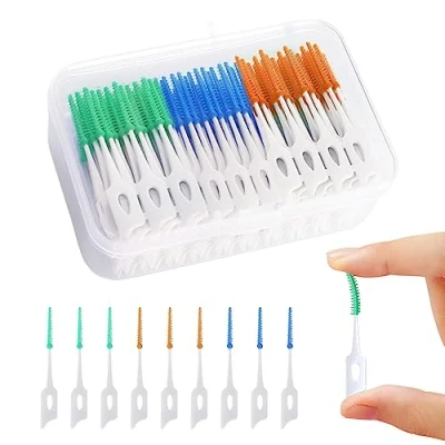 Image of MIVAIUN 210 Pcs Silicone Interdental Brushes Dental Toothpicks,Silicone Floss Sticks Dental,Teeth Sticks,Soft Gum Brush Toothpick Cleaning Tool for Oral (Blue Green Orange)