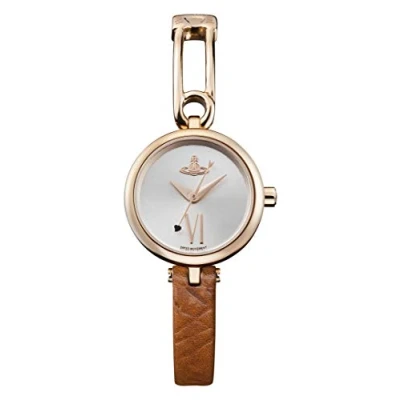 Image of Vivienne Westwood Soho Ladies Quartz Watch with Silver Dial &amp; Brown Leather Strap Rose Gold Safety Pin Design VV200RSBR