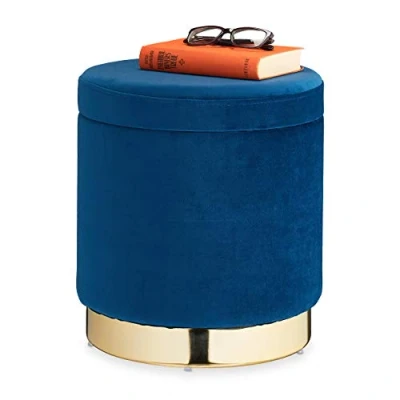 Image of Relaxdays Storage Ottoman, with Lid, Cushioned Seat Stool, Modern Cube, Footrest, H x T: 41.5 37 cm, Blue/Gold