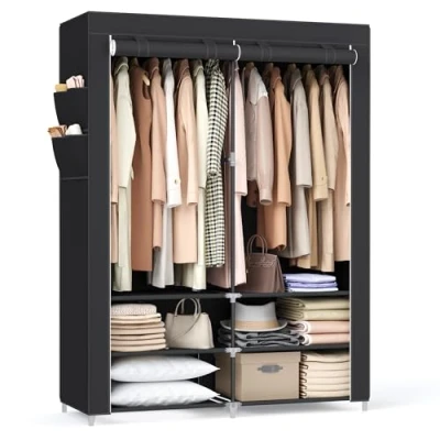 Image of SONGMICS Clothes Wardrobe, Portable Closet, 45 x 127 176 cm, 2 Hanging Rails, Shelves, and 4 Side Pockets, Large Capacity for Bedroom, Living Room, Black RYG008B02