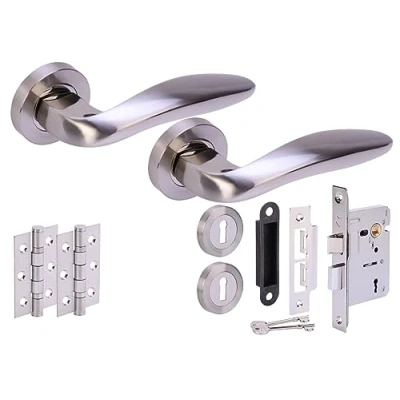 Image of HANDLEZONE® Lagus Door Handles on Rose 3 Lever Lock Pack with 75mm Ball Bearing Hinges and 76mm Dual Polished/Satin Nickel