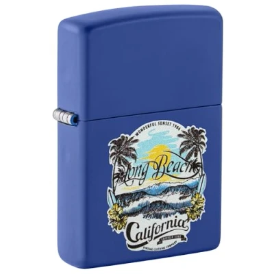Image of Zippo Windproof Lighter Long Beach Design Royal Blue Matte Refillable for Lifetime Use Gift Box Metal Construction Made in USA, One Size