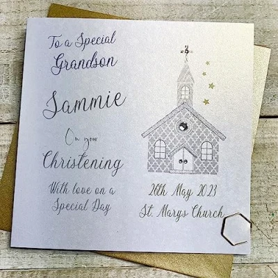 Image of WHITE COTTON CARDS GRANDSON PERSONALISED CHRISTENING CARD, CHURCH DESIGN, HAND FINISHED (X) P23 15 C GS