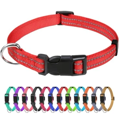 Image of TagMe Reflective Nylon Dog Collars, Adjustable Classic Collar with Quick Release Buckle for Puppy, Red, 1.0 cm Width