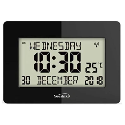Image of Youshiko Radio Controlled Silent Large LCD Wall Clock (Offical UK Version) Auto Set Up with Day Date Month Helpful for DEMENTIA &amp; ALZHEIMER SUFFERERS (Black)