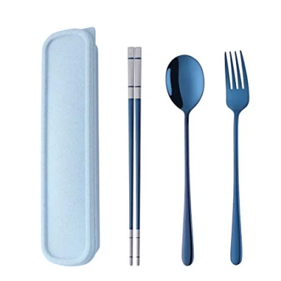 Image of SBOMHS 18/10 Stainless Steel Chopsticks Spoon Fork Set with Portable Case for School Home Office Camping Travel Outdoor Blue