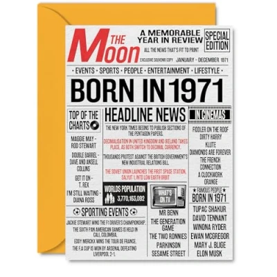 Image of 53rd Birthday Cards for Women Men Born In 1971 Newspaper Happy 53 Card Dad Mum Aunt Uncle Vintage Retro Back 1971, A5 Fifty Three Third Bday Greeting
