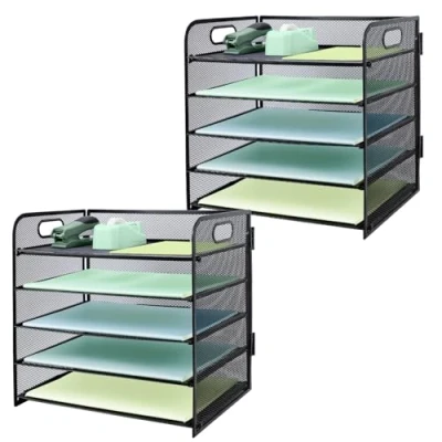 Image of Paper Letter Tray with Handle, 5 Tier Metal Mesh Desk File Organizer, A4 Desktop Filing Trays, Tidy Magazine Document Holder for Home Office, 2 Pack, Black