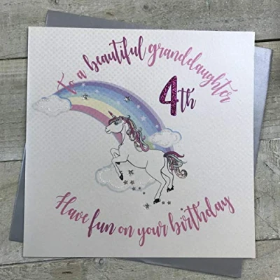 Image of White Cotton Cards Large&quot;to a Beautiful Granddaughter, Have Fun on Your 4th Birthday&quot; Handmade Card, XR34 4gd