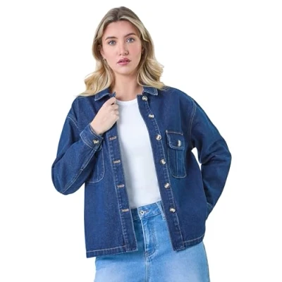 Image of Roman Relaxed Denim Jacket for Women UK Ladies Spring Everyday Summer Holiday Classic Collar Comfy Long Sleeve Soft Chest Pockets Shacket Vacation Coats Indigo Size 12