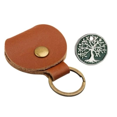 Image of Genuine Tan Leather Pound Pouch with a Trolley Token of your selection Fob Keyring Keychain Key Ring Holder (Green Tree)