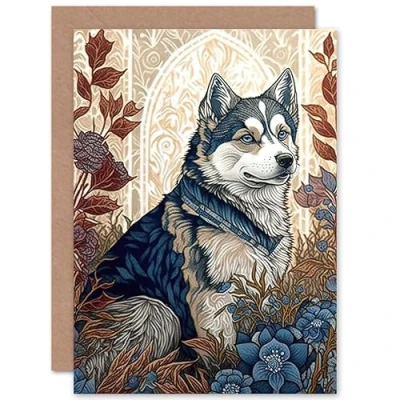 Image of Artery8 Siberian Husky Dog in Autumn Flower Field Modern Art Nouveau Illustration Birthday Sealed Greeting Card Plus Envelope Blank inside