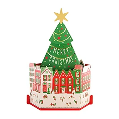 Image of Hallmark Christmas Card, Tree, Town Square Design, Pop Up 3D Paper Wonder, Green