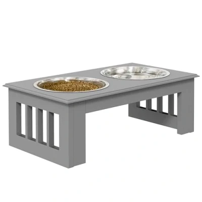 Image of PawHut Stainless Steel Raised Dog Feeding Bowls with Stand for Extra Small and Dogs Elevated Twin Pet Water Food Feeder 44L x 24W 15H cm Grey