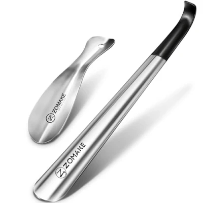 Image of ZOMAKE Metal Shoe Horn 2Pcs,16.5 inches Shoehorn Long Handled Lazy Helper,Extra Horns for Men Women the Elderly 7.5 Small Shoehorns with Hook(Silver 16.5&amp;7.5in)