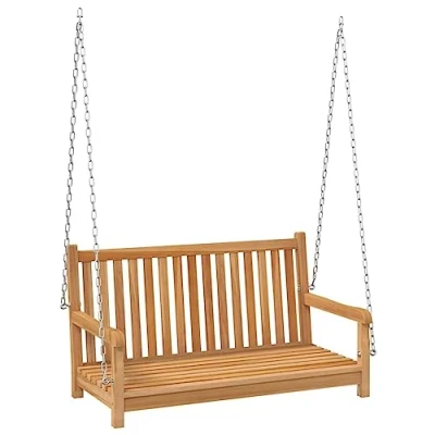 Image of vidaXL Swing Bench with sanded Teak Wood finish, Weather Resistant Outdoor Seating, Garden Furniture Generous Size 114x60x64 cm.