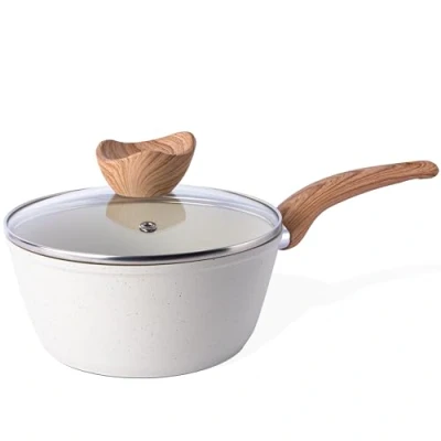 Image of nuovva Non Stick Saucepan with Lid Induction Small Cream Granite Saute Pan Cooking Pot for Electric, Gas &amp; Hobs Soup 16cm