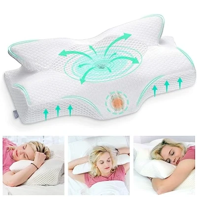 Image of Elviros Cervical Contour Memory Foam Pillow for Neck Pain Orthopedic Shoulder Ergonomic Head Support Side/Back/Stomach Sleepers with Removable Cover (White)