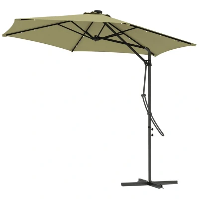 Image of Outsunny 3(m) Cantilever Parasol with Solar LED and Easy Lever, Garden Umbrella Cross Base Waterproof Cover, Outdoor Sun Shades, Beige