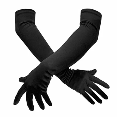 Image of SHATCHI Women&#039;s Long Elbow Satin Stretchy 1920s Opera Evening Party Dance Wedding Prom Gloves (55 cm/20.5inch), Black, One Size