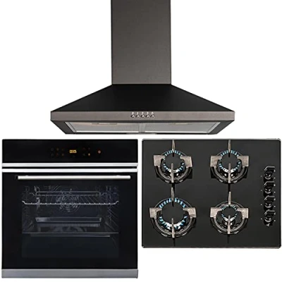 Image of SIA BISO6SS 60cm Black Touch Control 10 Function Single Fan Oven, 4 Burner Gas On Glass Hob &amp; Chimney Cooker Hood Kitchen Extractor