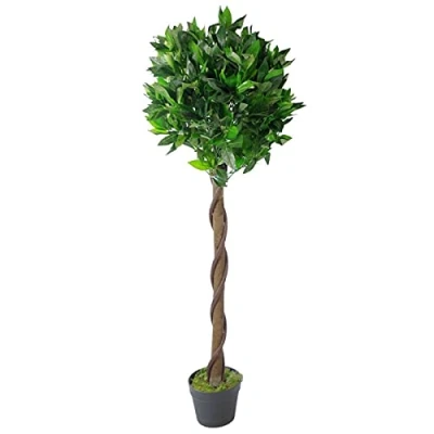 Image of Leaf Design UK Artificial Realistic BAY Laurel Topiary Ball Tree, Green Twist, 120cm (4ft), AZ