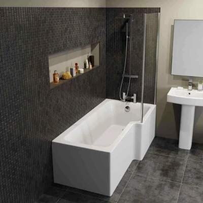 Image of Modern 1700mm L Shaped Right Hand Shower Bath Only Acrylic Bathtub White Bathroom Tub
