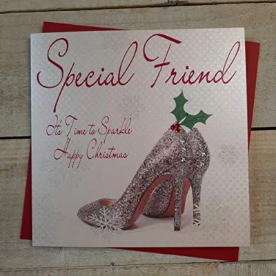 Image of White Cotton Cards Special Friend Its Time to Sparkle Happy Handmade Christmas Card (Shoes)