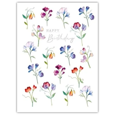 Image of Noel Tatt Female Birthday Card Happy with Sweet Peas Floral Design and Embossed Foil Details for Women