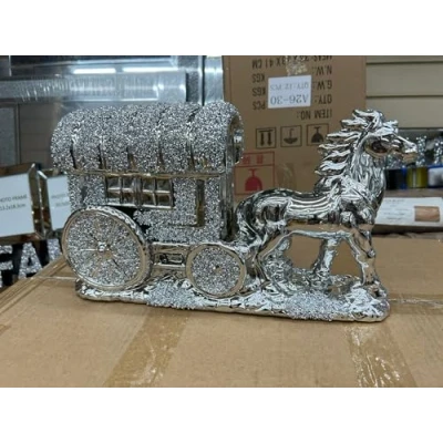 Image of Biznest Horse With Round Wagon Buggy Gypsy Big Wheels Crushed Diamond Carriage Ornament (Silver)
