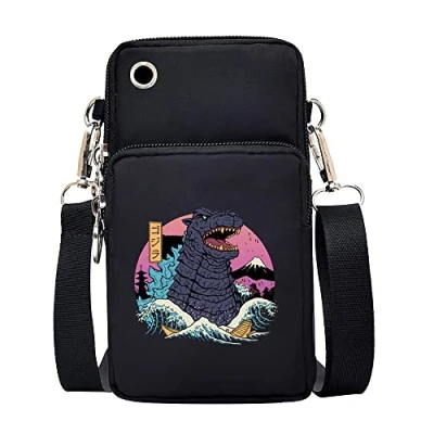 Image of FINDING CASE Japan Cat Printed Women Girls men Zipper Waterproof Nylon 3 Layers Crossbody Bags Wallet Cellphone Purse Shoulder Bag Wristlet Handbags Adjustable Strap (Japan Godzilla)