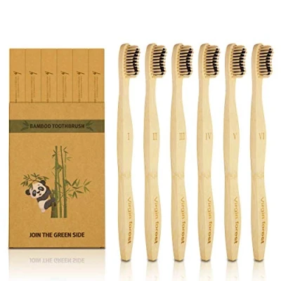 Image of Bamboo Toothbrush, Biodegradable Soft Bristles Toothbrushes, Wooden Toothbrush with Wave Shaped Two Color and Larger Thicker Handle (6 Pcs)