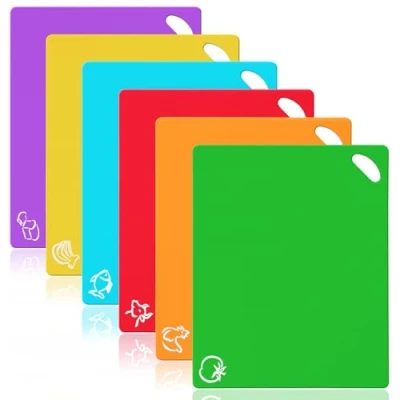 Image of Vicloon Plastic Chopping Board Set, 6Pcs Flexible Kitchen Cutting Mats with Food Icons, Non Slip Antimicrobial Easy Hanging Boards, Dishwasher Safety