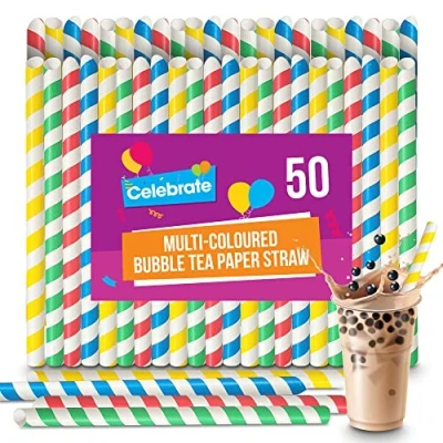 Image of 50pk Colourful Bubble Tea Straws 21cm Large &amp; Thick Paper Drinking That Won&#039;t Go Soggy Boba Straws, Biodegradable Milkshake Straw, Smoothie Straw