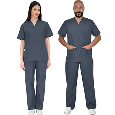 Image of B well Colombo Unisex Scrub Set, Slip On Tunic and Trousers Medical Doctor Uniform, Uniforms &amp; Scrubs, Work Wear, Thick Fabric Grey Medium