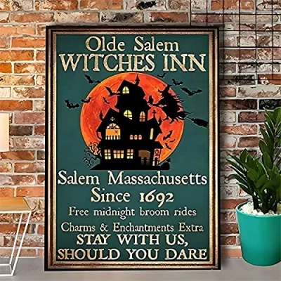Image of Aoevc tin Cute sign Witch Olde Salem Witches Inn Halloween Retro Metal Bar Pub Bathroom Bedroom Wall Decoration Novelty 16x12 inch