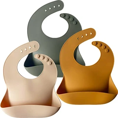 Image of Moonkie Baby Bibs, 3Pcs Silicone Feeding Bibs for Babies and Toddlers, Waterproof weaning bib, BPA Free Soft Adjustable Wide Food Crumb Catcher Pocket(Cream/Buck/Olive Green)…