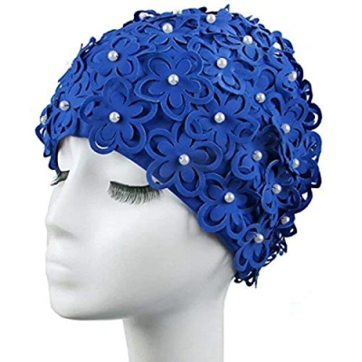 Image of Medifier Hollow Flowers Pearls Sewn by Hand Women&#039;s Ladies Swimming Hat Swim Cap Bathing (Blue)